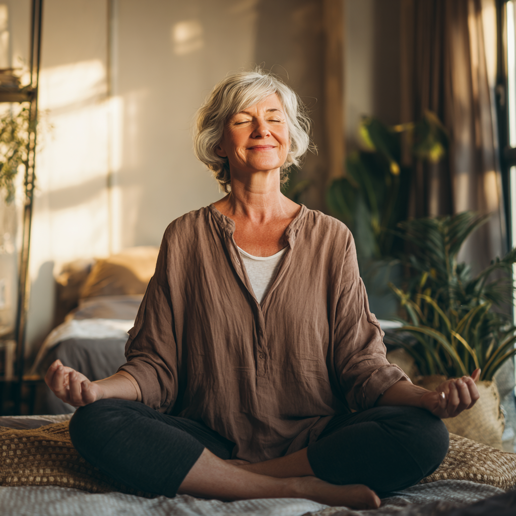 Elderly European man demonstrating grounding yoga poses outdoors, showing strength and stability in mountain pose